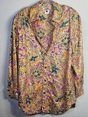 Vintage 80s BIS BIS Floral Lurex Blouse Size 12 Metallic Gold Tunic USA